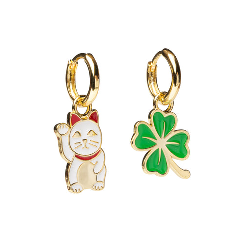 Gold hoop earrings featuring white Maneki-neko lucky cat with red collar and green four-leaf clover by Yellow Owl Workshop