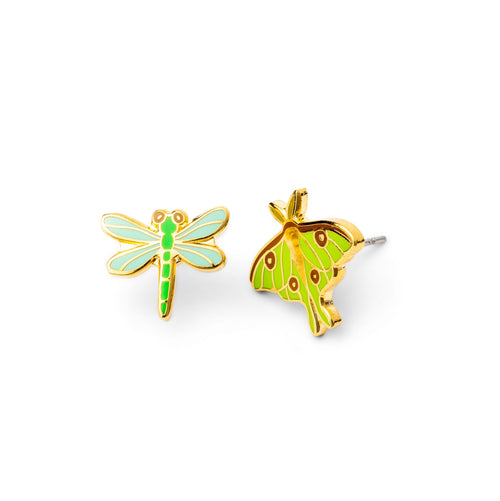 Mismatched cloisonné stud earrings featuring green luna moth and blue green dragonfly gilded in 22 karat gold by Yellow Owl Workshop
