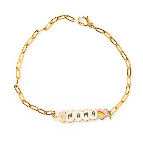 Gold paperclip chain bracelet spelling MAMA in enamel letter beads with pink flower and rainbow heart charms by Yellow Owl Workshop
