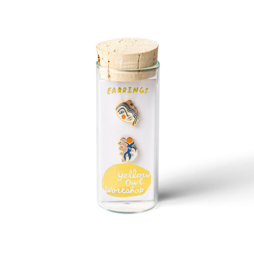 Matisse inspired mismatched cloisonné stud earrings in glass vial packaging by Yellow Owl Workshop