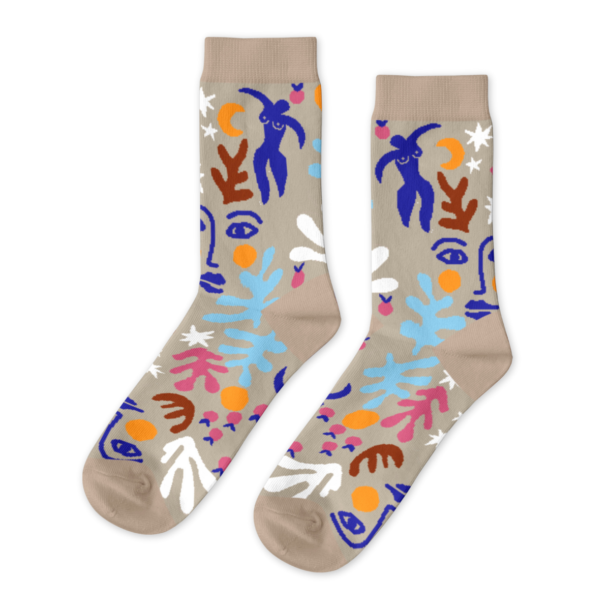 Tan crew socks featuring Matisse-inspired cut-paper figures botanical shapes and bold colors in blue pink orange and brown by Yellow Owl Workshop