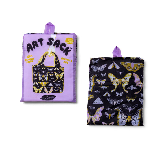 Moths Art Sack® folded front and back showing detailed moth illustration and red Art Sack® packaging by Banquet Workshop for Yellow Owl Workshop