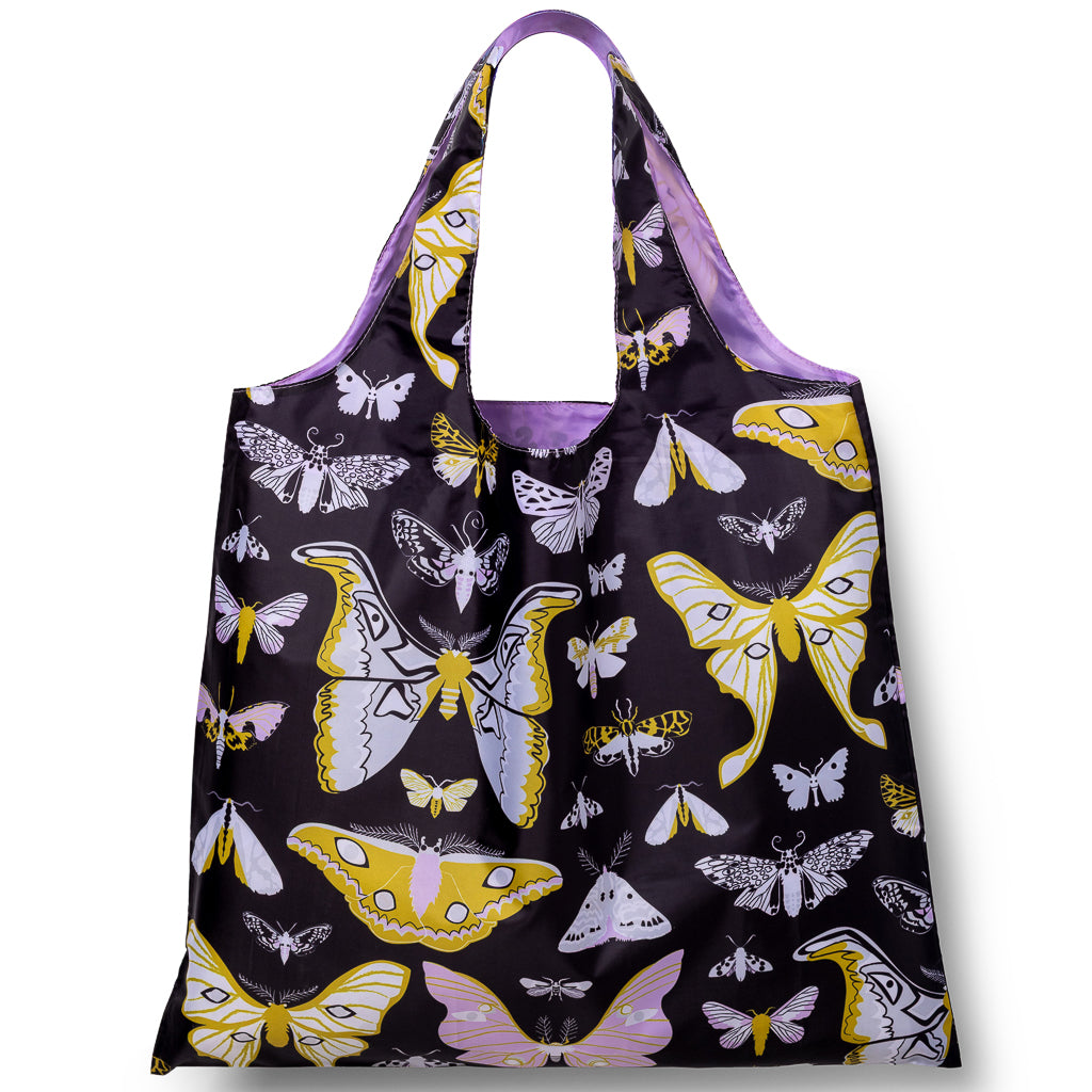 Illustrated reusable tote bag featuring detailed nocturnal moth illustrations including Luna and Atlas moths by Banquet Workshop for Yellow Owl Workshop