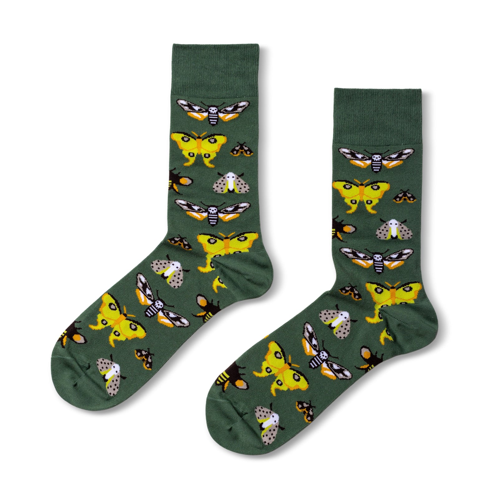Green crew socks featuring illustrated moth varieties in yellow orange and grey by Yellow Owl Workshop