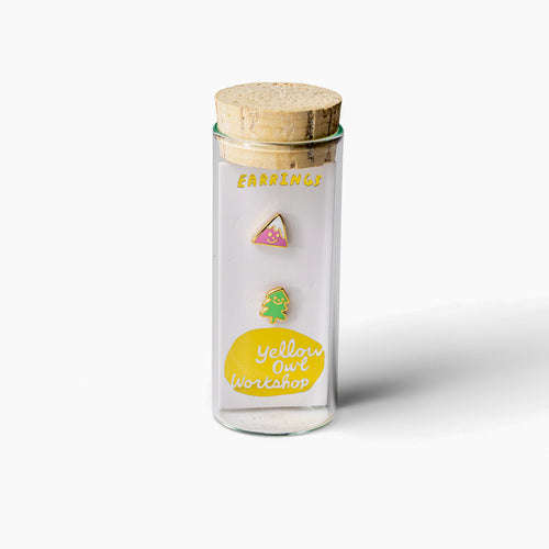 Mountain and tree mismatched cloisonné stud earrings in glass vial packaging by Yellow Owl Workshop