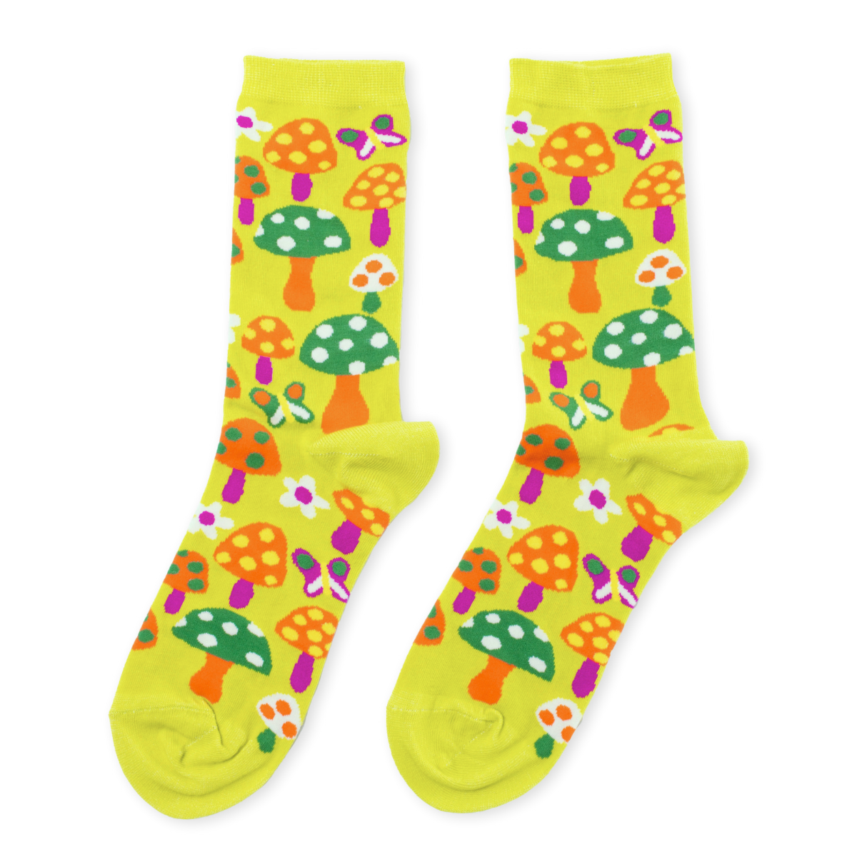 Bright yellow crew socks featuring colorful illustrated mushrooms in orange and green with small butterflies by Yellow Owl Workshop