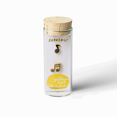 Musical notes mismatched cloisonné stud earrings in glass vial packaging by Yellow Owl Workshop