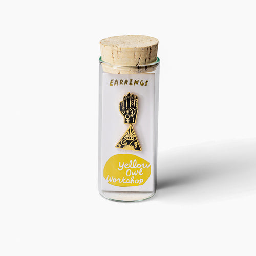 Mystic Powers mismatched cloisonné stud earrings in glass vial packaging by Yellow Owl Workshop