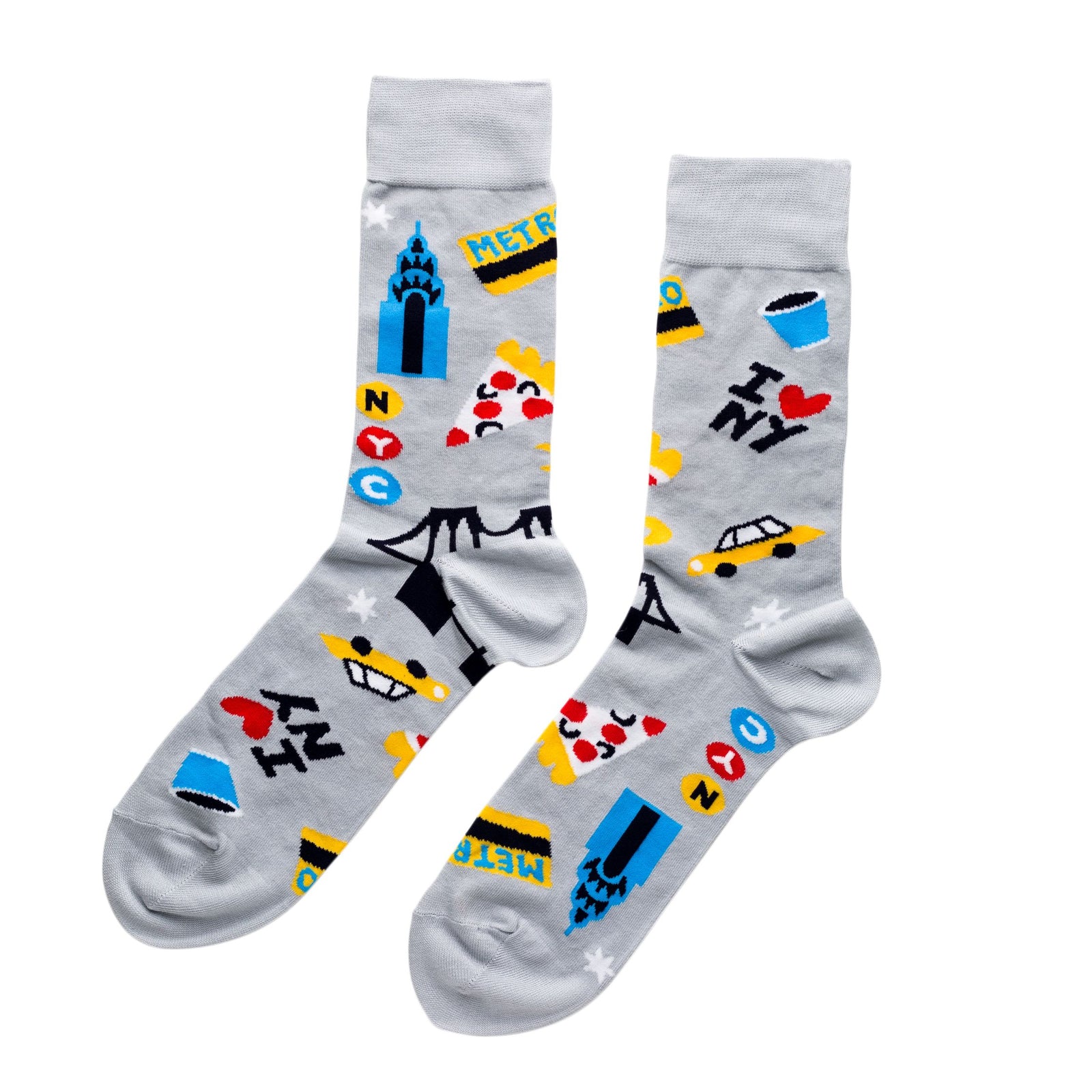 Grey crew socks featuring illustrated New York City icons including Chrysler Building yellow cab pizza slice subway token and I Love NY by Yellow Owl Workshop