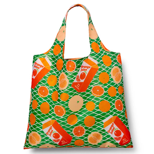 Green illustrated reusable tote bag with orange citrus fruit print by Yellow Owl Workshop