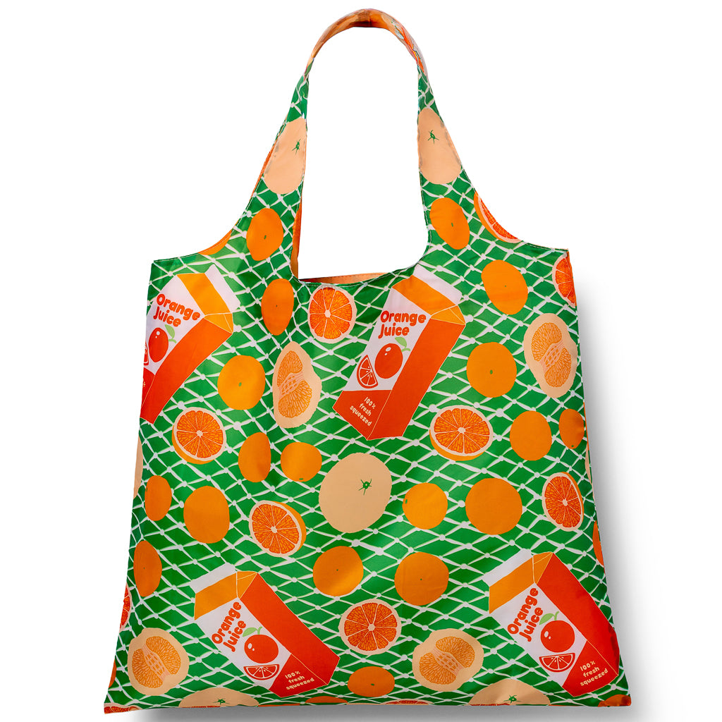 Green illustrated reusable tote bag with orange citrus fruit print by Yellow Owl Workshop