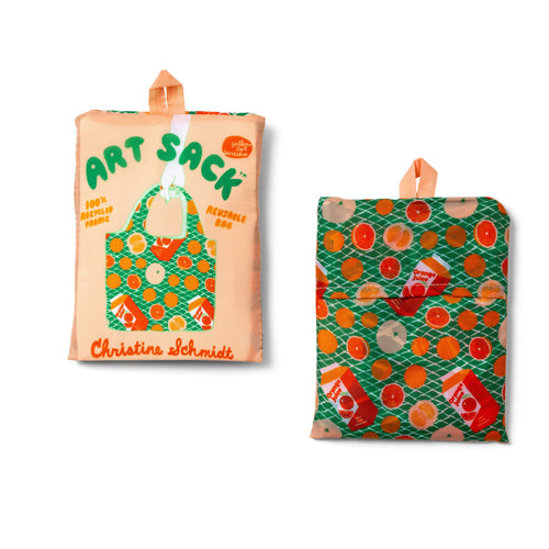 Oranges Art Sack® folded front and back showing orange citrus illustration and red Art Sack® packaging by Yellow Owl Workshop