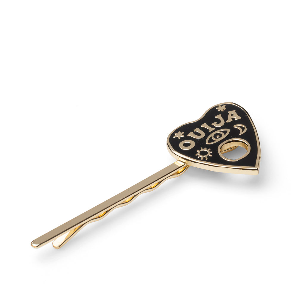 Gold cloisonné enamel black heart Ouija planchette hair pin with mystic symbols by Yellow Owl Workshop