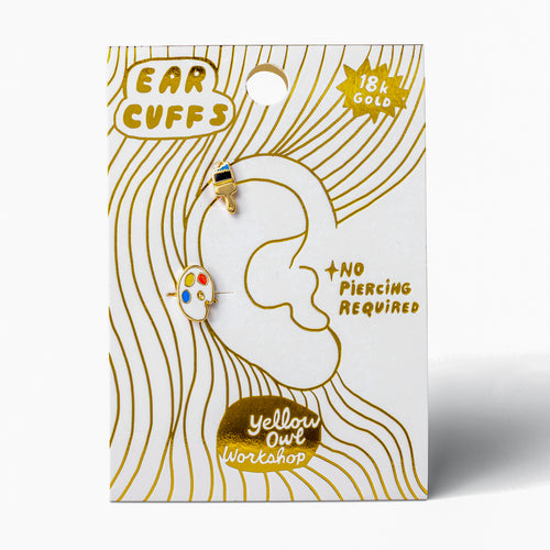 Paint Brush and Palette no-piercing gold ear cuffs on gold foil matchbook card by Yellow Owl Workshop