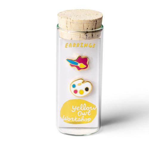 Paint Brush and Palette mismatched gold stud earrings in gift-ready glass vial by Yellow Owl Workshop