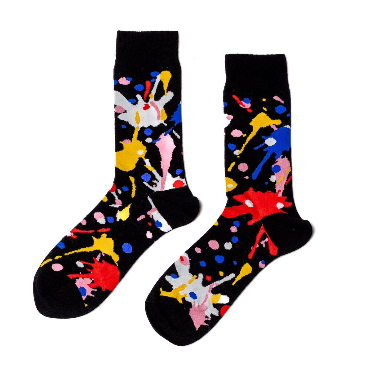 Colorful paint splatter crew socks with splashes dots and drips in multiple colors by Yellow Owl Workshop