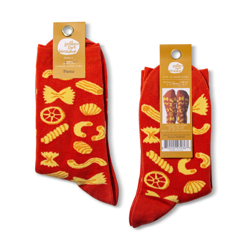 Pasta crew socks small size packaging front and back by Yellow Owl Workshop