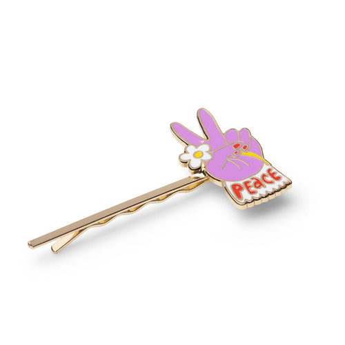 Gold cloisonné enamel purple peace sign hair pin with daisy and Peace lettering by Yellow Owl Workshop