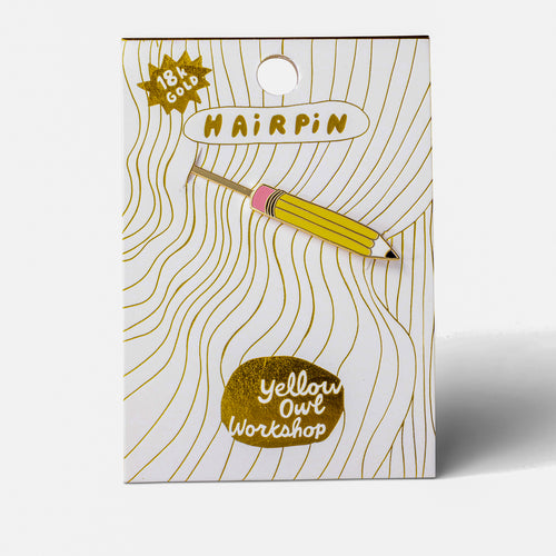 Pencil gold cloisonné enamel hair pin in packaging by Yellow Owl Workshop