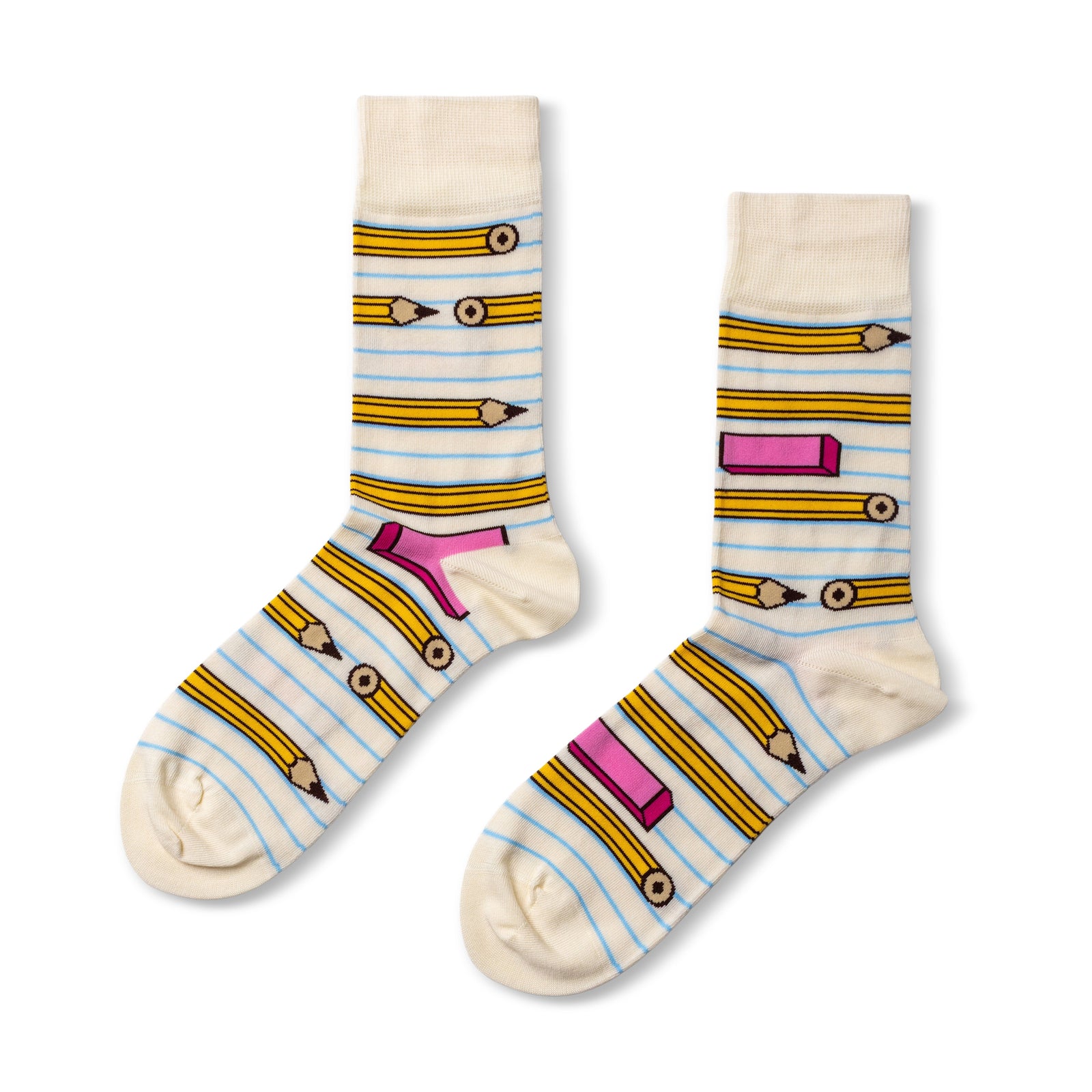 Cream crew socks featuring illustrated yellow pencils and pink eraser on blue notebook paper stripe background by Yellow Owl Workshop