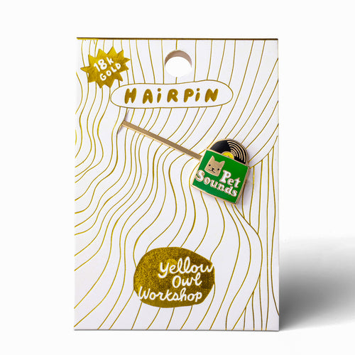 Pet Sounds gold cloisonné enamel hair pin in packaging by Yellow Owl Workshop
