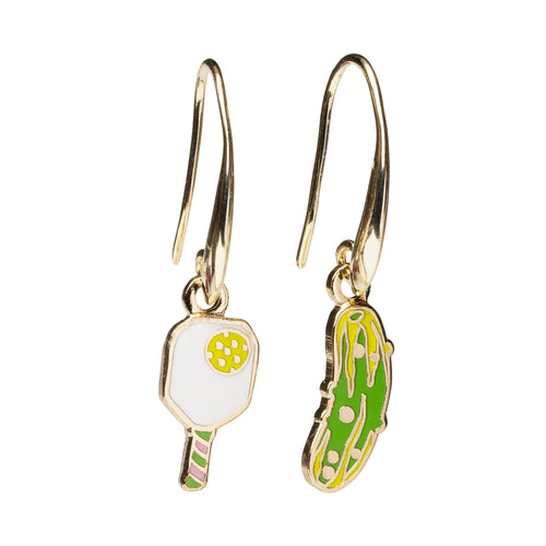 Mismatched enamel drop earrings featuring white pickleball paddle with yellow ball and green pickle by Yellow Owl Workshop