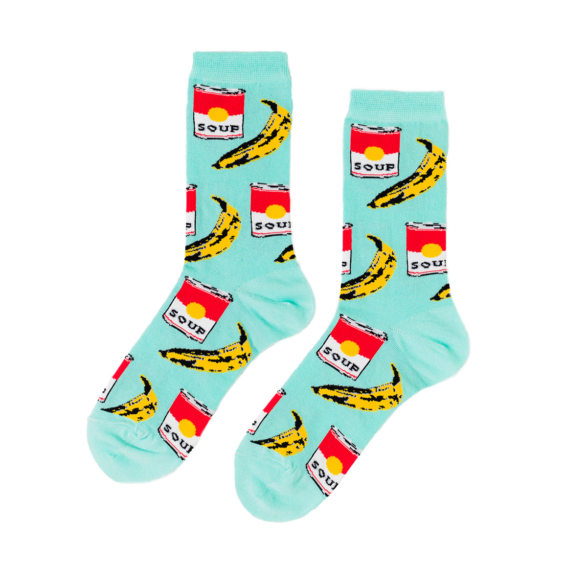 Mint crew socks featuring Warhol-inspired soup can and banana illustrations in red yellow and black by Yellow Owl Workshop