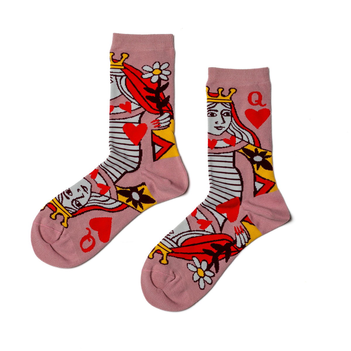 Pink crew socks featuring classic Queen of Hearts playing card illustration with crown hearts and flowers by Yellow Owl Workshop