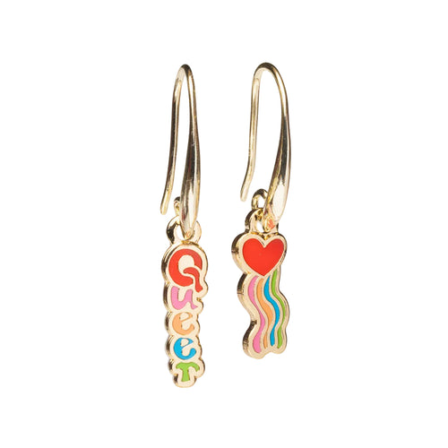 Mismatched enamel drop earrings featuring Queer in multicolor stacked letters and red heart with rainbow stripes by Yellow Owl Workshop