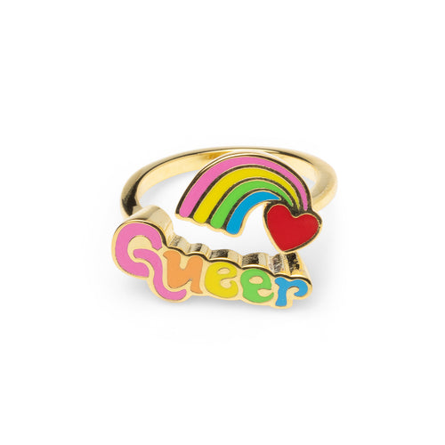 Gold adjustable Queer ring in multicolor enamel letters with rainbow and red heart by Yellow Owl Workshop