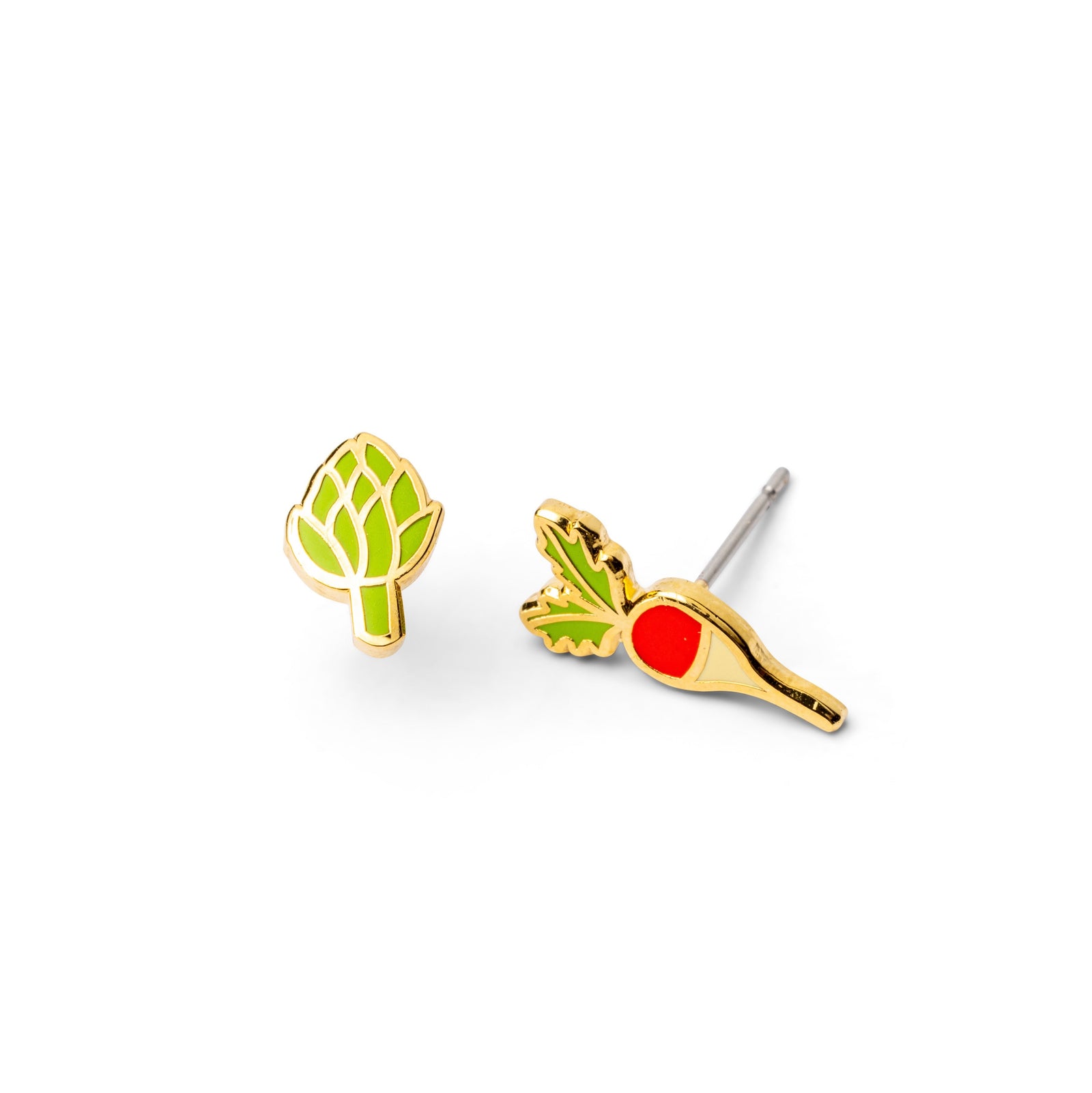 Pair of earrings shaped like vegetables on a white background