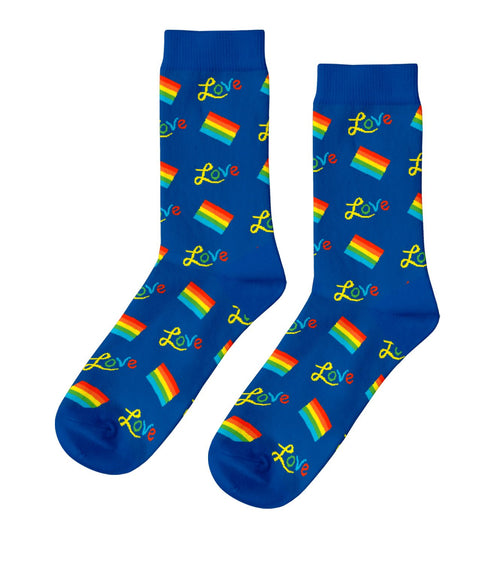 Cobalt blue crew socks featuring rainbow pride flags and Love script by Yellow Owl Workshop