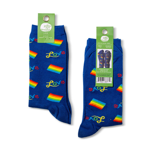 Rainbow Love crew socks packaging front and back by Yellow Owl Workshop
