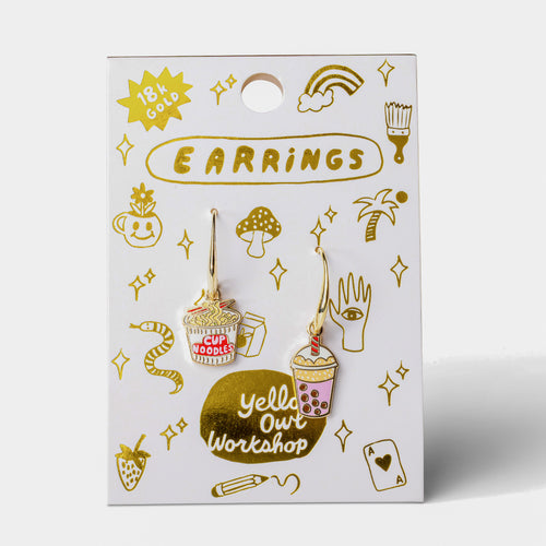 Ramen and Boba mismatched enamel drop earrings on gold foil matchbook card by Yellow Owl Workshop