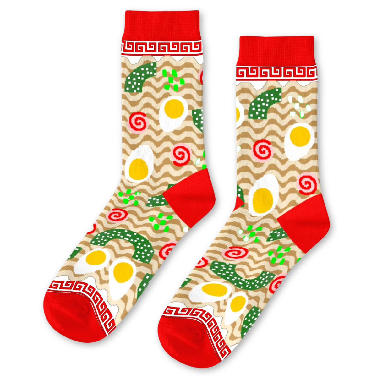Tan and red crew socks featuring illustrated ramen bowl with wavy noodles soft-boiled eggs narutomaki and scallions by Yellow Owl Workshop