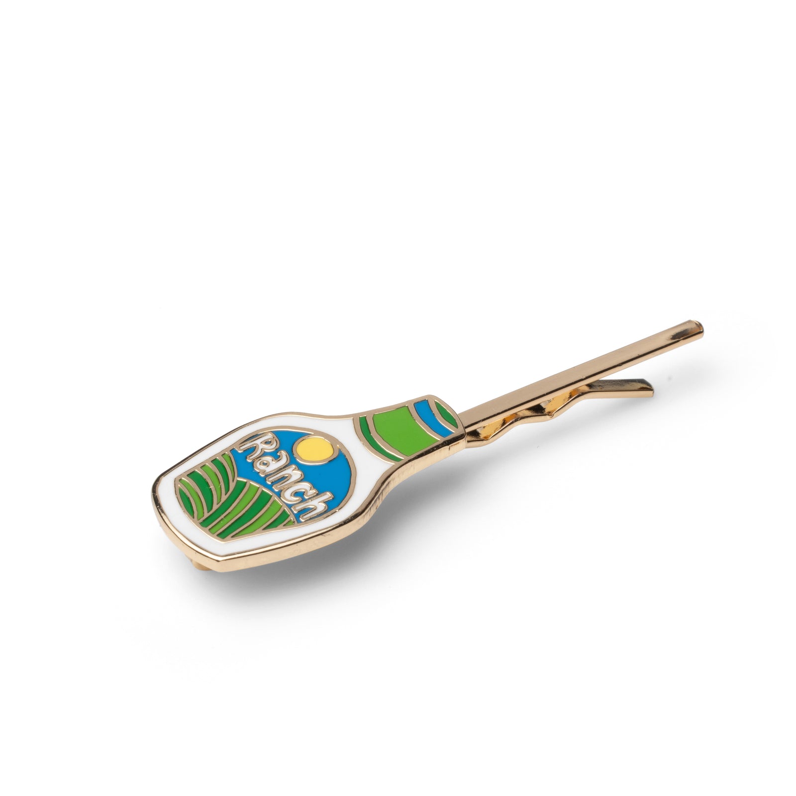 Gold cloisonné enamel ranch dressing bottle hair pin in blue green and white by Yellow Owl Workshop