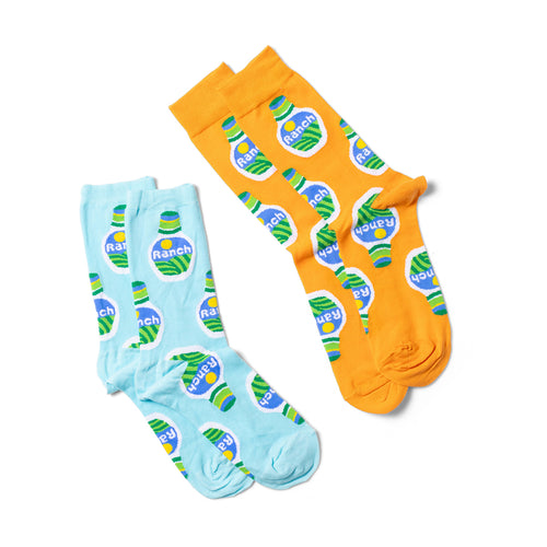 Ranch crew socks small and large sizes laid out side by side by Yellow Owl Workshop