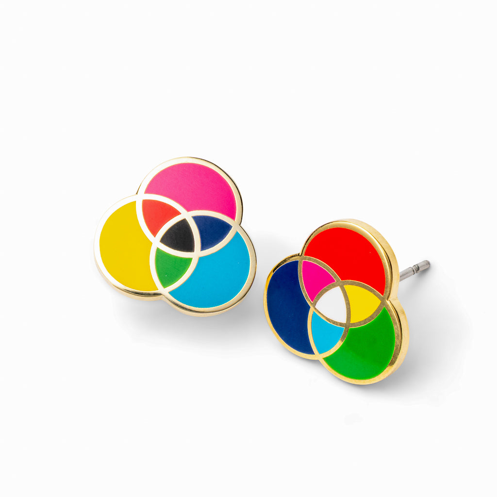 Mismatched gold stud earrings featuring CMYK color model with cyan magenta yellow and black and RGB color model with red green and blue by Yellow Owl Workshop