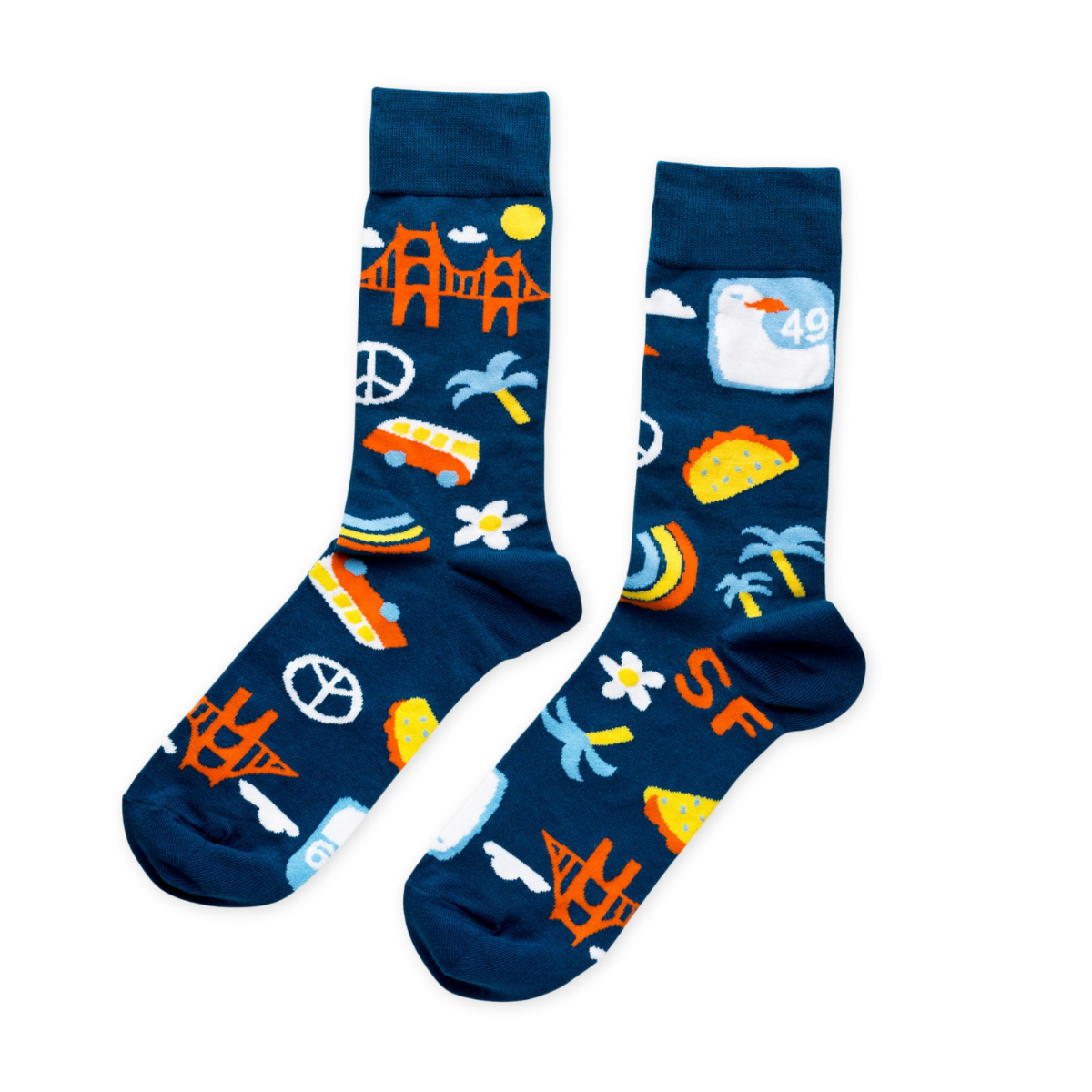 Navy crew socks featuring San Francisco icons including Golden Gate Bridge VW bus peace sign taco and SF text by Yellow Owl Workshop