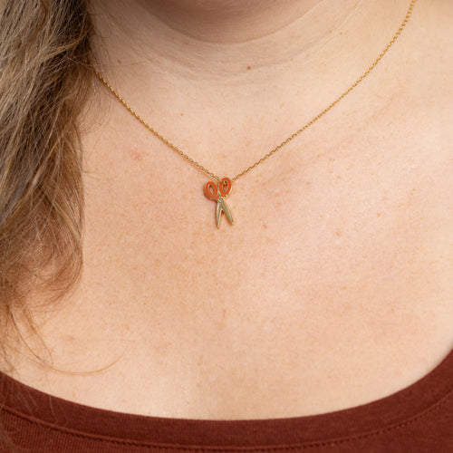 Scissors cloisonné enamel pendant necklace worn by Yellow Owl Workshop