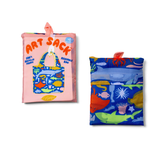 Sea Animals Art Sack® folded front and back showing illustrated sea life print and red Art Sack® packaging by Banquet Workshop for Yellow Owl Workshop