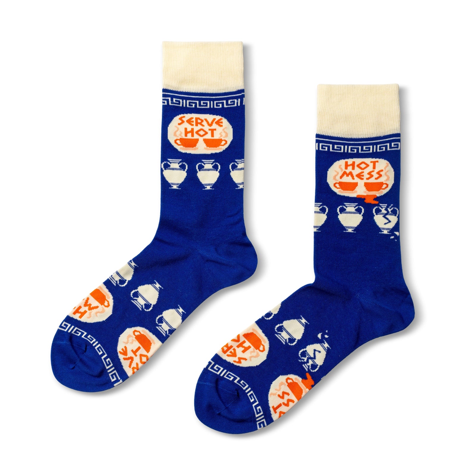 Blue crew socks featuring Serve Hot and Hot Mess diner plate illustrations with Greek key border and coffee cups by Yellow Owl Workshop