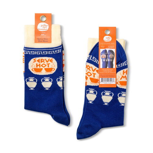 Serve Hot Hot Mess crew socks packaging front and back by Yellow Owl Workshop
