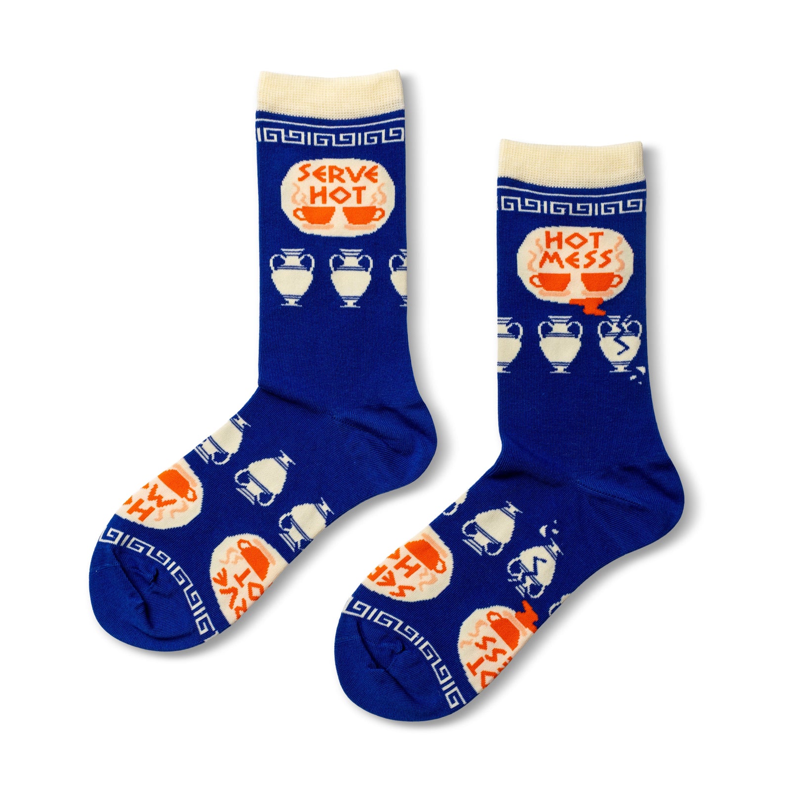Blue crew socks featuring Serve Hot and Hot Mess diner plate illustrations with geometric border and coffee cups by Yellow Owl Workshop