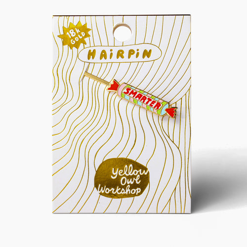 Smarter gold cloisonné enamel hair pin in packaging by Yellow Owl Workshop