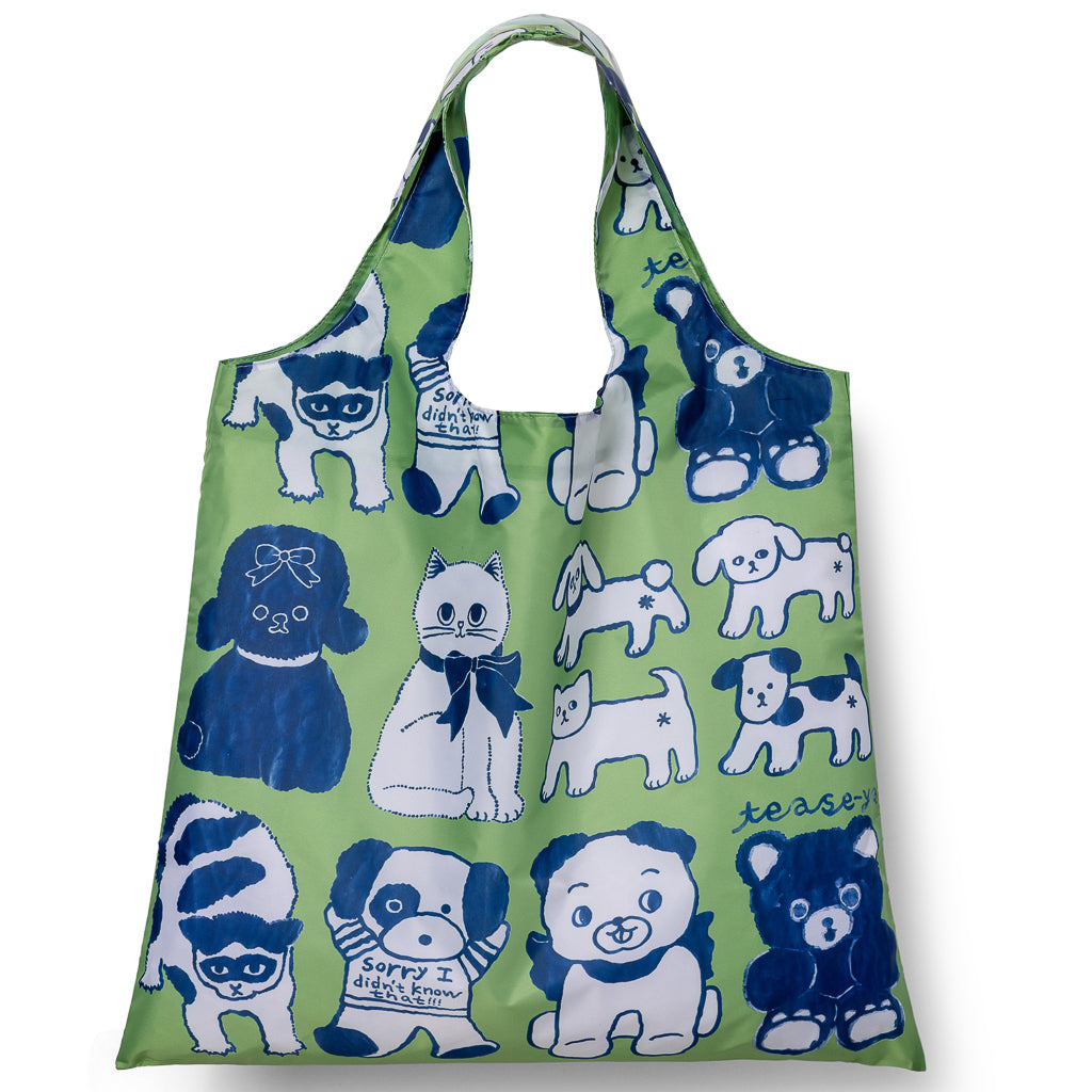 Green illustrated reusable tote bag featuring hand-drawn cats dogs and teddy bears including a dog in a shirt by Naon Jeong for Yellow Owl Workshop