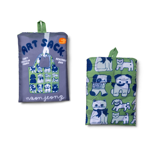 Snuggle Society Art Sack® folded front and back showing hand-drawn animal illustration Art Sack® packaging by Naon Jeong for Yellow Owl Workshop