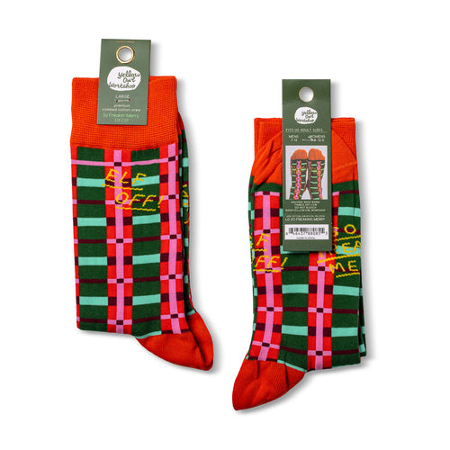 So Freaking Merry crew socks packaging front and back by Yellow Owl Workshop