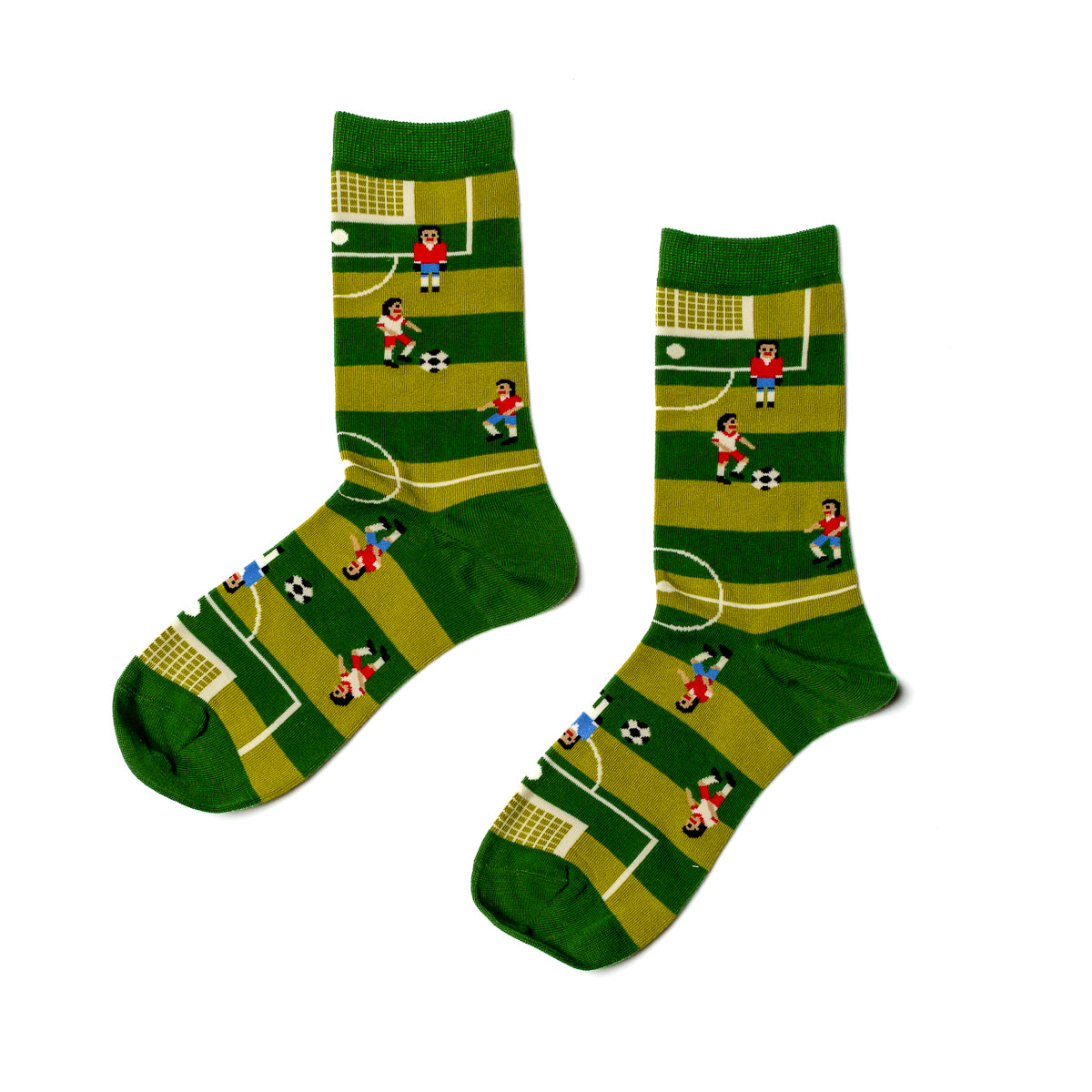 Green crew socks featuring illustrated soccer players goal and ball on striped pitch by Yellow Owl Workshop