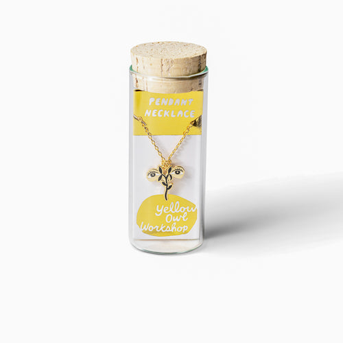 St. Lucy cloisonné enamel pendant necklace in glass vial packaging by Yellow Owl Workshop